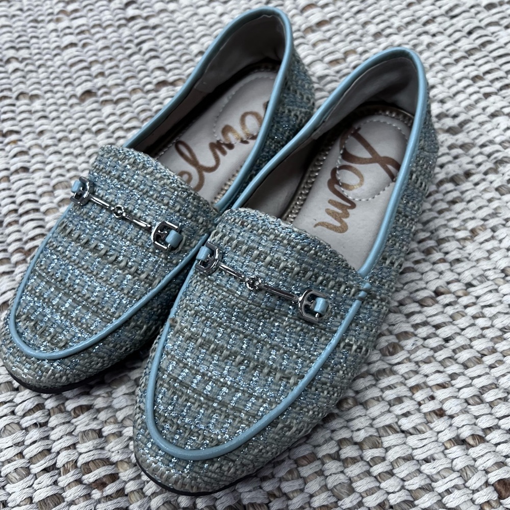 Sam Edelman Loraine girls mini loafers in a light blue and metallic tweed